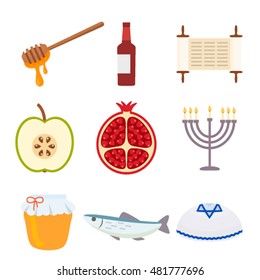 set of Jewish symbols and icons. New Year (Rosh Hashanah) flat vector illustration isolated on white background.