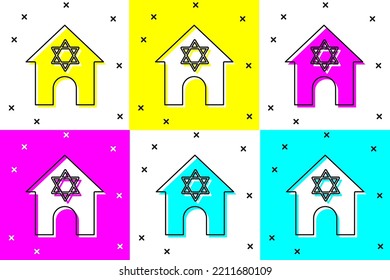 Set Jewish synagogue building or jewish temple icon isolated on color background. Hebrew or judaism construction with David star.  Vector