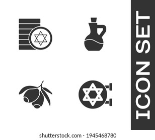 Set Jewish synagogue, coin, Olives branch and Bottle of olive oil icon. Vector