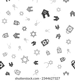 Set Jewish synagogue, Star of David necklace on chain, Shopping bag with star david and  on seamless pattern. Vector