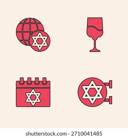 Set Jewish synagogue, World Globe and Israel, goblet and calendar icon. Vector