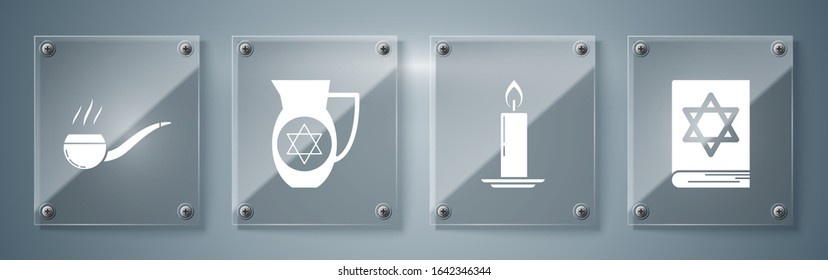 Set Jewish torah book, Burning candle in candlestick, Decanter with star of david and Smoking pipe with smoke. Square glass panels. Vector