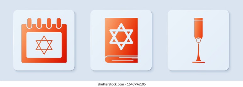 Set Jewish torah book, Jewish calendar with star of david and Jewish goblet. White square button. Vector
