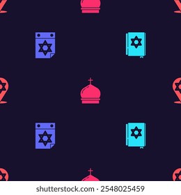 Set Jewish torah book, calendar, Church tower and Star of David on seamless pattern. Vector