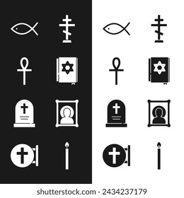 Set Jewish torah book, Cross ankh, Christian fish, cross, Tombstone with, icon, Burning candle and  icon. Vector
