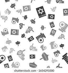 Set Jewish torah book, Hanukkah dreidel, Jewish coin and Hanukkah dreidel and coin on seamless pattern. Vector