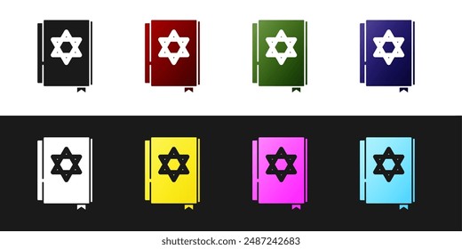 Set Jewish torah book icon isolated on black and white background. Pentateuch of Moses. On the cover of the Bible is the image of the Star of David.  Vector