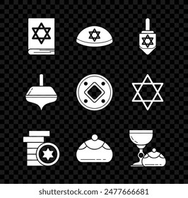 Set Jewish torah book, kippah with star of david, Hanukkah dreidel, coin, sweet bakery, goblet and hanukkah sufganiyot,  and  icon. Vector