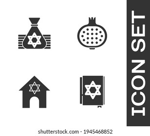 Set Jewish torah book, money bag, synagogue and Pomegranate icon. Vector
