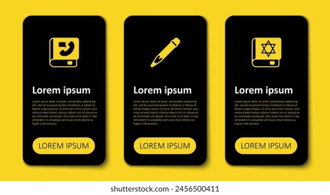 Set Jewish torah book, Pencil with eraser and Phone. Business infographic template. Vector