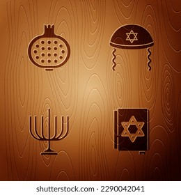 Set Jewish torah book, Pomegranate, Hanukkah menorah and kippah on wooden background. Vector