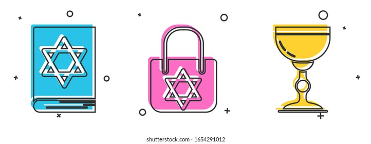 Set Jewish torah book, Shopping bag with star of david and Jewish goblet icon. Vector