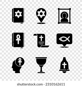 Set Jewish torah book, Star of David, Christian icon, Cross ankh, Holy grail chalice, Church bell,  and Decree, paper, parchment, scroll icon. Vector