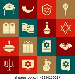 Coloca libro judío de torah, panadería dulce, Estrella de David, Escudo con, Bandera Israel, estrella de la lápida david, kippa e icono de botella de vino. Vector