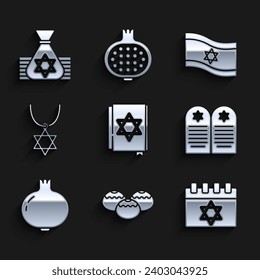 Set Jewish torah book, sweet bakery, calendar, Tombstone with star of david, Pomegranate, Star David necklace chain, Flag Israel and money bag icon. Vector