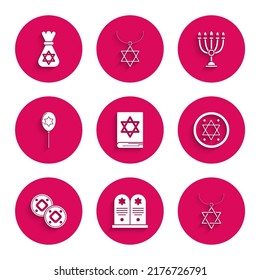 Set Jewish torah book, Tombstone with star of david, Star David necklace chain, coin, Balloons ribbon, Hanukkah menorah and money bag icon. Vector