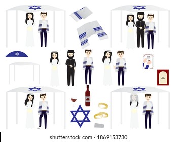 set of Jewish wedding illustration - Jewish characters wearing face masks - Jewish bride, groom and rabbi, tallit, face masks