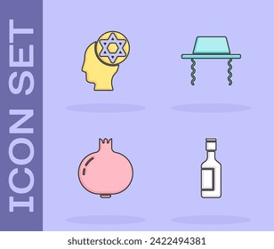 Set Jewish wine bottle, Orthodox jewish hat, Pomegranate and  icon. Vector