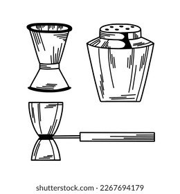 Set of jiggers and parts of a cocktail shaker in line art on a white background