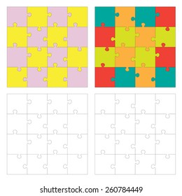 Set of Jigsaw puzzle. Every piece is a single shape. Puzzle for kids. Rebus for preschoolers. Cutting guidelines. Puzzle different shape and colors. Eps 8
