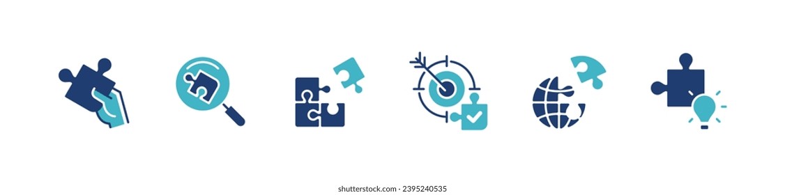 set of jigsaw puzzle match piece creative solution icon vector teamwork management problem solving idea symbol illustration for web and app