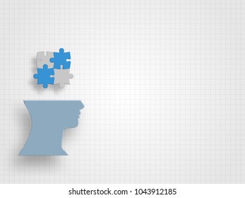Set of jigsaws above human head model on grid background represents concept of engineering and innovation. Technology Background. Vector illustration.
