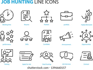 set of job hunting icons, such as cv, hr, training, career