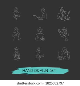 Set of job icons line style symbols with announcing, paparazzi, hair stylist and other icons for your web mobile app logo design.