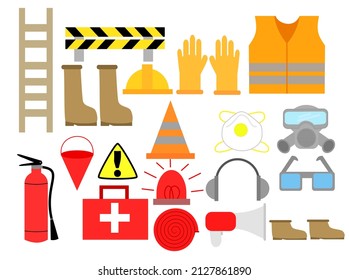 Set Of Job Or Industrial Safety Equipment.Emergency And First Aid Tool.Construction Or Firefighter Concept.Fire Safety.Accident Protection.Sign, Symbol, Icon Or Logo Isolated.Vector Illustration.