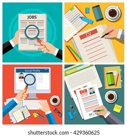 Set of job interview concept with business cv resume. Cv resume in hands, cv resume on the table, write a resume. Check cv resume. Flat vector illustration.