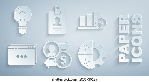 Set Job promotion exchange money, Pie chart infographic and dollar, Website template, Globe of the Earth gear, Identification badge and Light bulb with concept idea icon. Vector