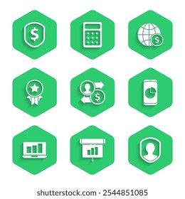Set Job promotion exchange money, Graph, chart, diagram, infographic, User protection, Mobile phone with, Laptop, Medal star, Earth globe dollar and Shield icon. Vector