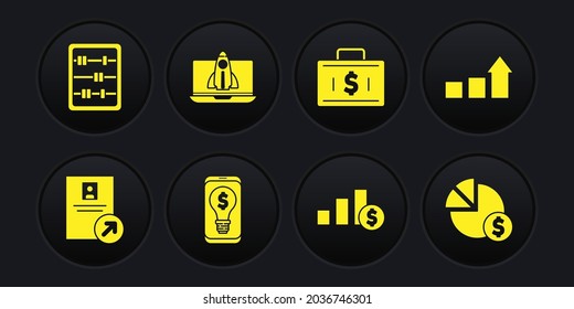 Set Job promotion, Financial growth, Light bulb with dollar mobile, Pie chart and, Briefcase money, Startup project concept,  and Abacus icon. Vector
