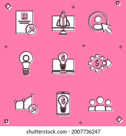 Establecer promoción de empleo, concepto de proyecto de inicio, pantalla de creación de cuenta, cabezal con lámpara, portátil ligero en dólares, Gear, crecimiento financiero e icono móvil. Vector