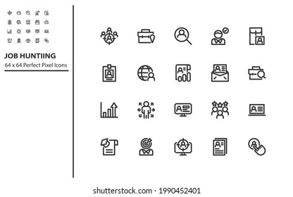 set of job recruitment line icons, 64x64px, headhunting, cv, human resource
