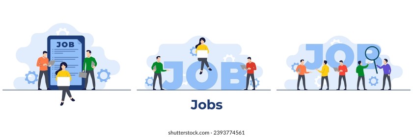 Set of job search flat illustrations, Unemployed or job candidates seeking job opportunities, Recruitment, HR, Hiring employees concepts for landing page, web banner, social media, infographic, mobile