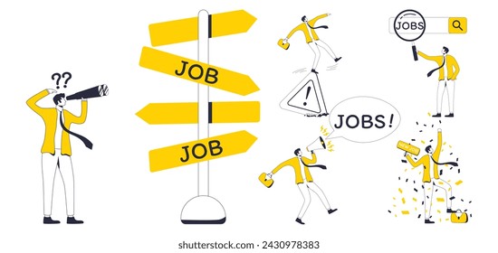 set of job seeker illustrations, yellow and black