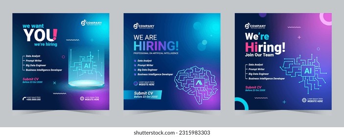 Set job vacancy template. We Are hiring professional artifical intelligence. Prompt Writer, big data, server, poster, banner