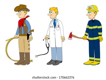 Set of jobs, occupations, professions - cowboy, doctor, fireman, cartoon, comic design, hand drawn, isolated on white background vector art image illustration eps10