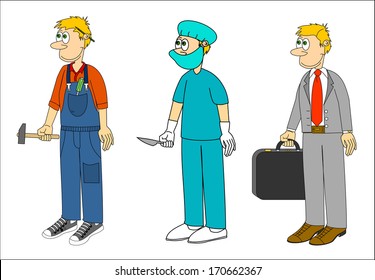 Set of jobs, occupations, professions - surgery, mechanic, businessman, cartoon, comic design, hand drawn, isolated on white background vector art image eps10 illustration