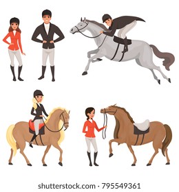 Set of jockeys and horses in different actions. Equestrian sport concept. Cartoon people characters in special uniform with helmet. Colored flat vector design