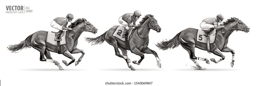 Set. Jockeys on racing horses. Sport. Champion. Hippodrome. Racetrack. Equestrian. Derby. Speed. Isolated on white background. Vector illustration