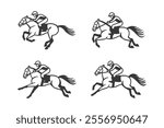 Set of jockeys riding galloping horses in black and white outline illustrations on a white background