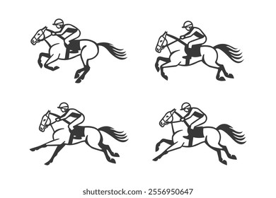 Set of jockeys riding galloping horses in black and white outline illustrations on a white background