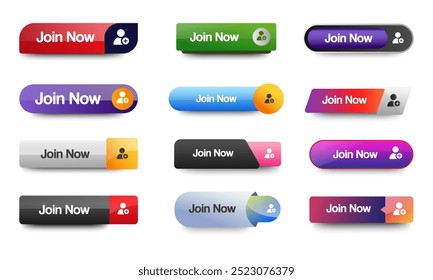 Set of Join now buttons design. Colorful Join button pack for website, game, ads, UI, and project. vector