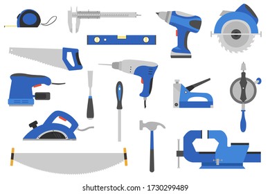 Conjunto de herramientas de montaje, reparación y construcción para reparación, ilustración de vectores aislados carpintero, maderería y carpintería. Vistazo, destornillador, iconos de alicates, instrumentos de taladro y carpintería.