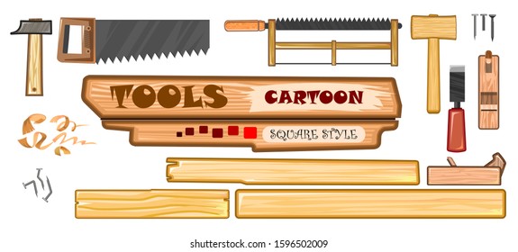 Set of joiner's tools. Vector. Steel and wooden hammer, saw, bow saw, nails, bent nails, shavings, chisel. Cartoon style. Isolated object on a white background.