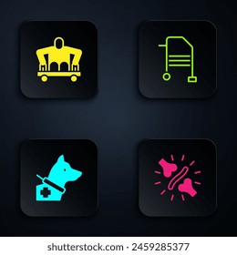 Set Joint pain, knee pain, Man without legs sitting wheelchair, Guide dog and Walker. Black square button. Vector