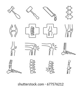 Set of joints Related Vector Line Icons. Includes such icons as disease, pain, dislocation, fracture, bones, knee, spine, foot