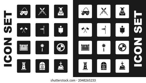 Fijar cabeza de Joker, bandera medieval, cruzada medieval, carreta de cuatro ruedas de madera, espada, escudo de madera redonda e icono del cofre del tesoro antiguo. Vector